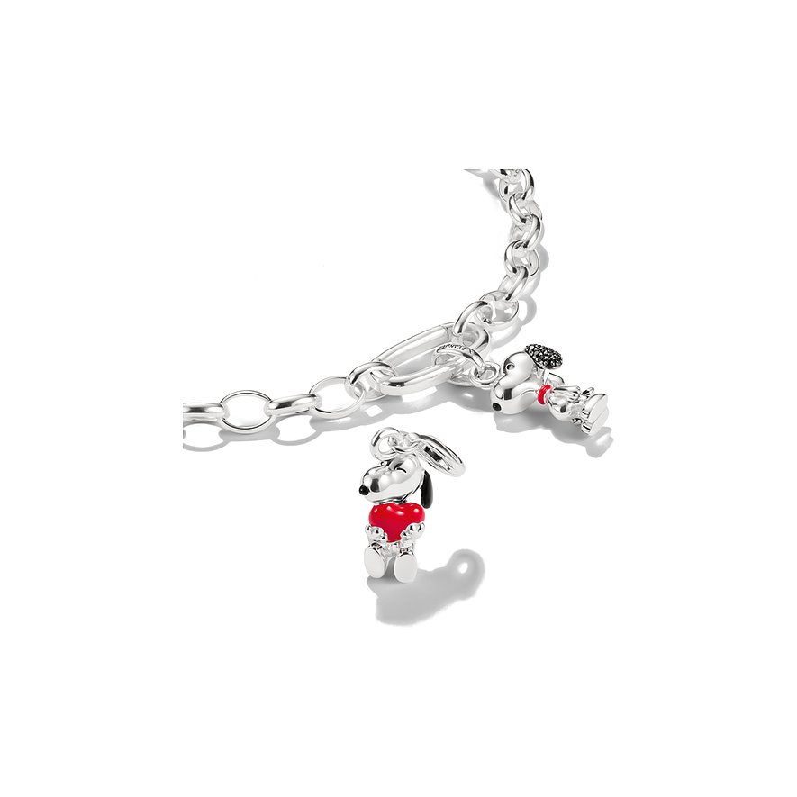 Thomas Sabo Peanuts Snoopy Anhänger aus 925er Silber und Emaille, dargestellt in zwei Posen mit rotem Herz.