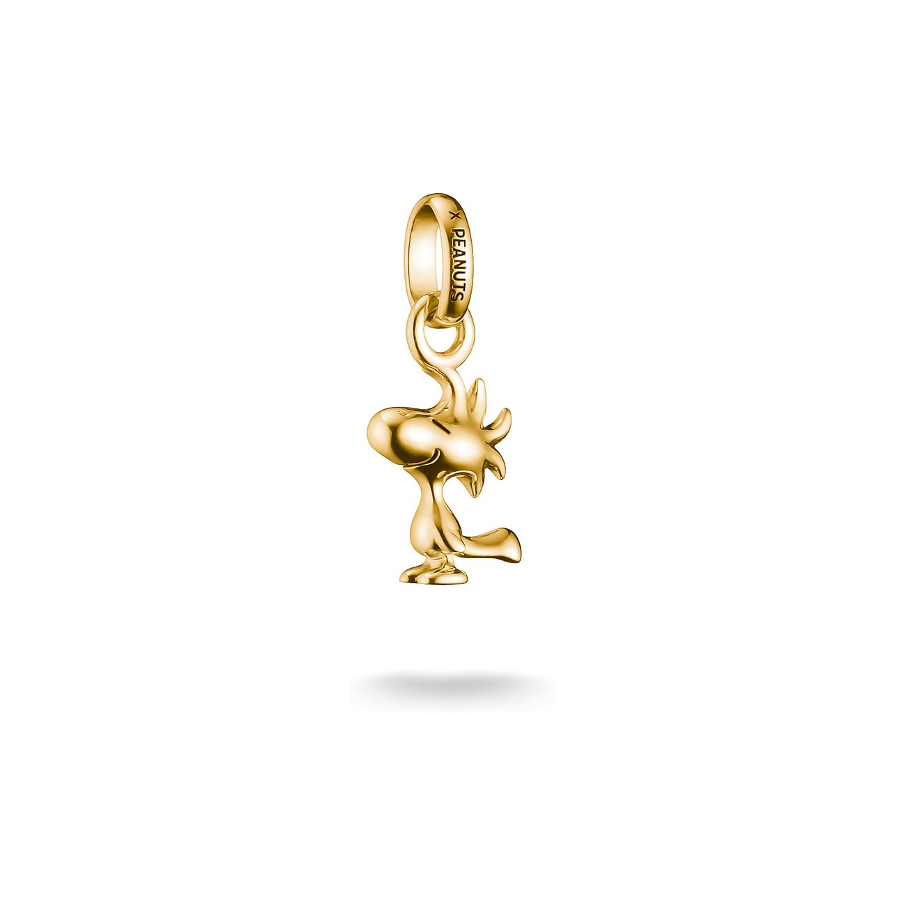 Ciondolo Thomas Sabo Peanuts in argento 925 a forma dell'uccello Woodstock, con finitura dorata lucida.