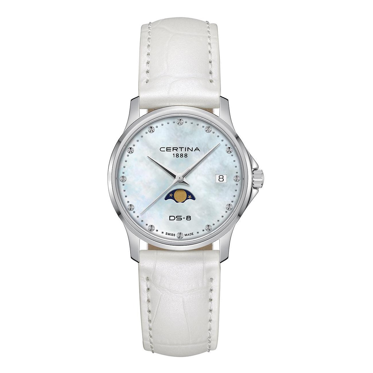 Certina Damenuhr aus Edelstahl mit weißem Zifferblatt, Datumsanzeige und Mondphase, an weißem Armband.