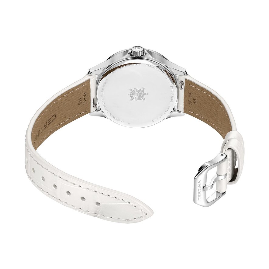Rückansicht der Certina Damenuhr aus Edelstahl mit weißem Lederarmband und polierter Dornschließe.