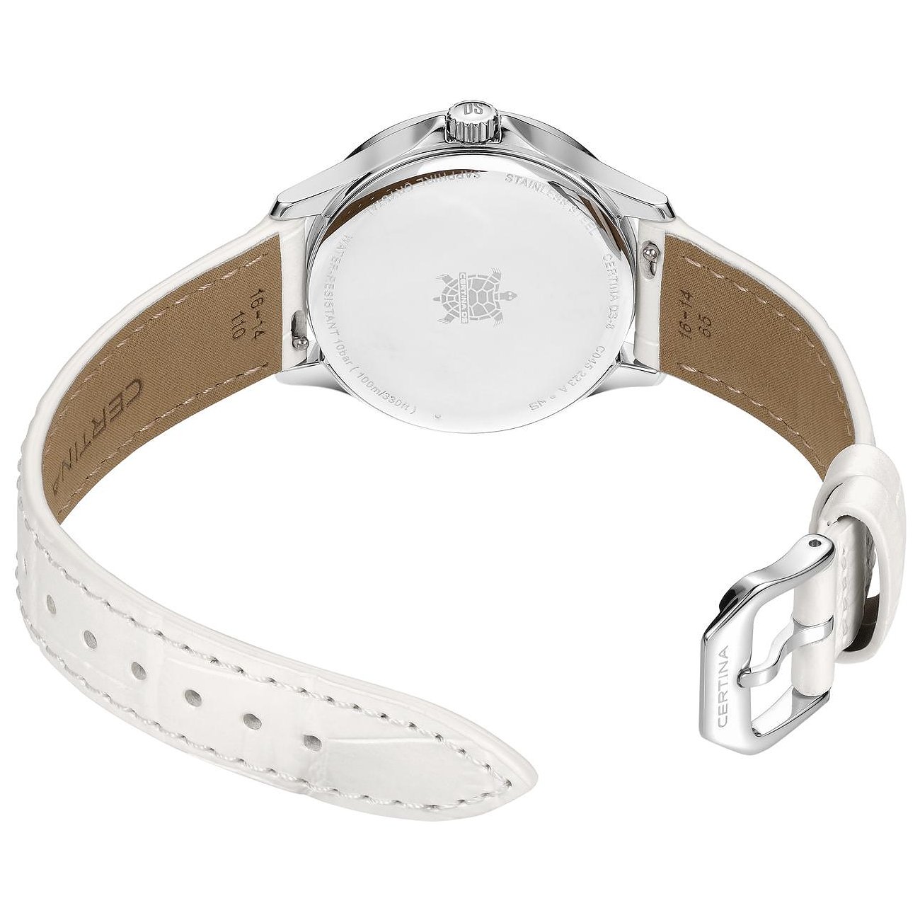 Rückansicht der Certina Damenuhr aus Edelstahl mit weißem Lederarmband und polierter Dornschließe.