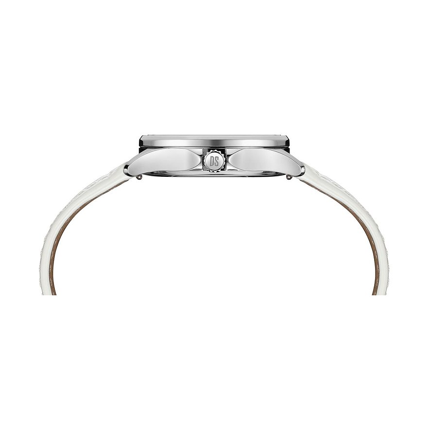 Seitenansicht einer Certina Damenuhr aus Edelstahl mit einem weißen Armband, das geschwungen nach unten zeigt.