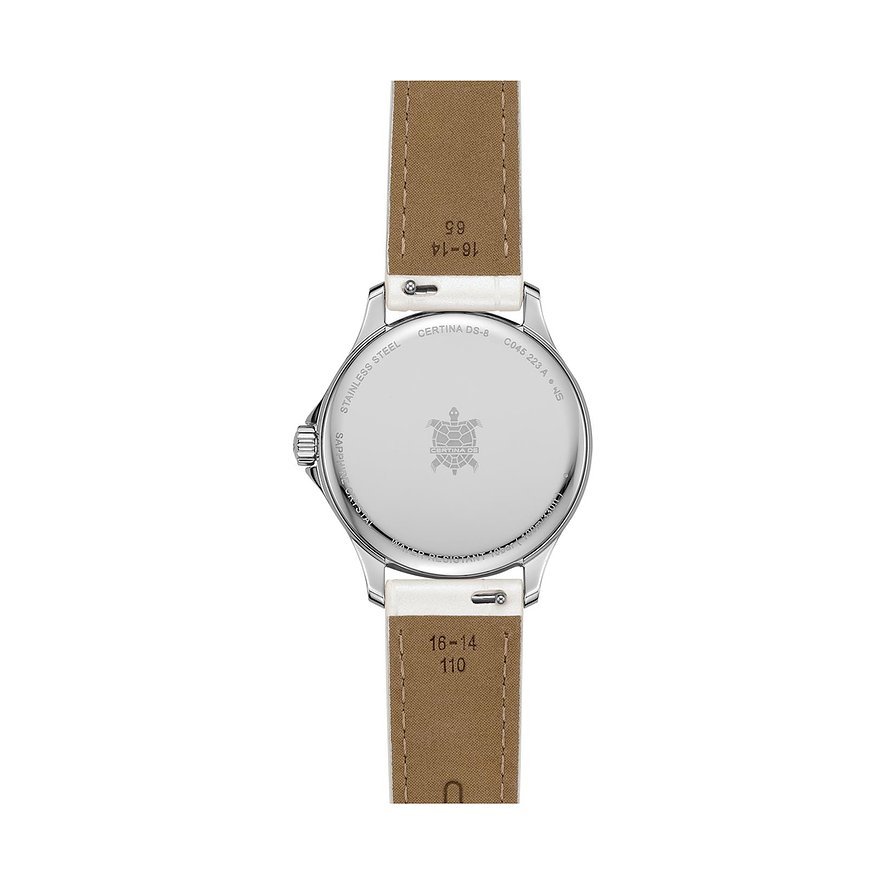 Rückseite einer Certina Damenuhr aus Edelstahl mit weißem Lederband. Graviertes Schildkrötenlogo.
