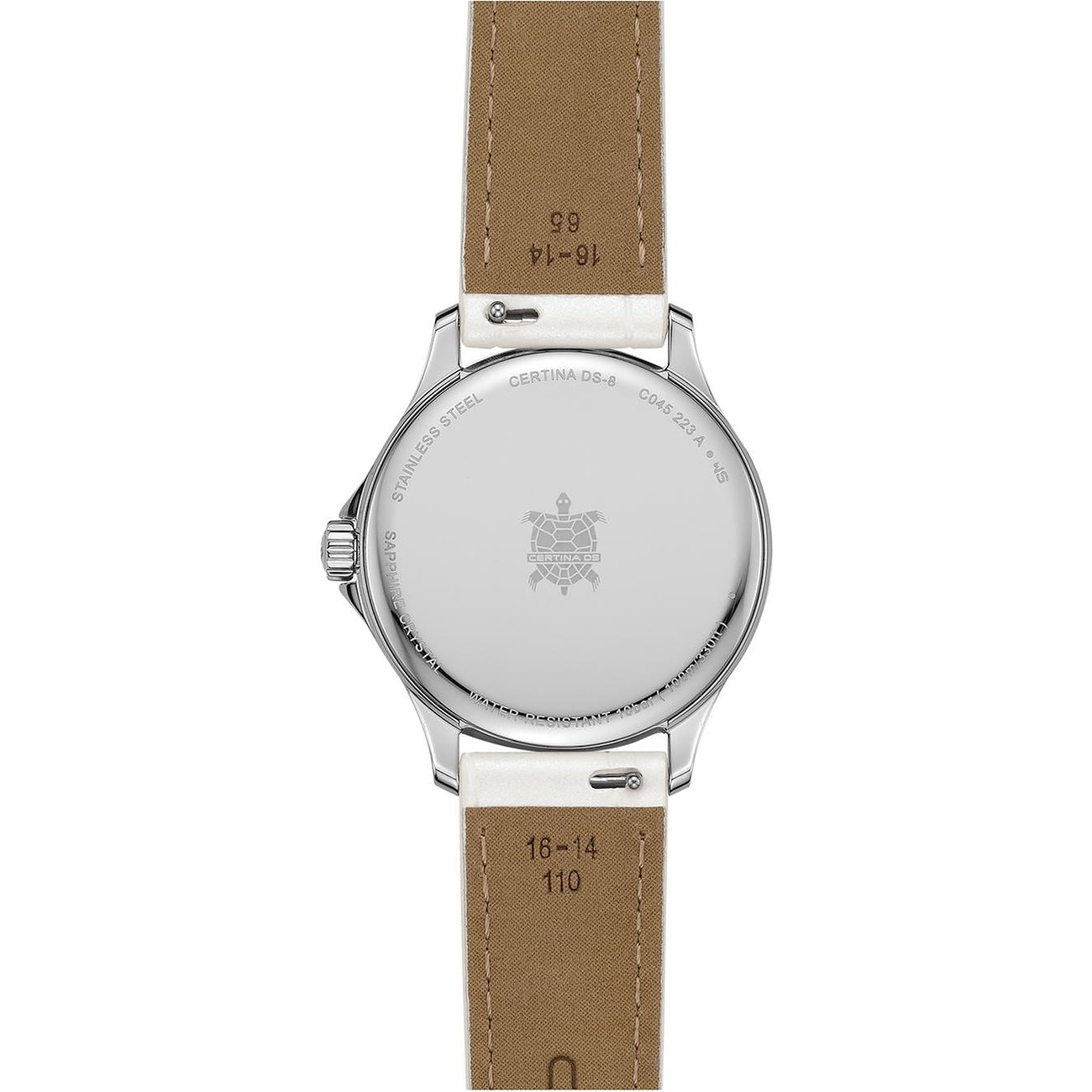 Rückseite einer Certina Damenuhr aus Edelstahl mit weißem Lederband. Graviertes Schildkrötenlogo.
