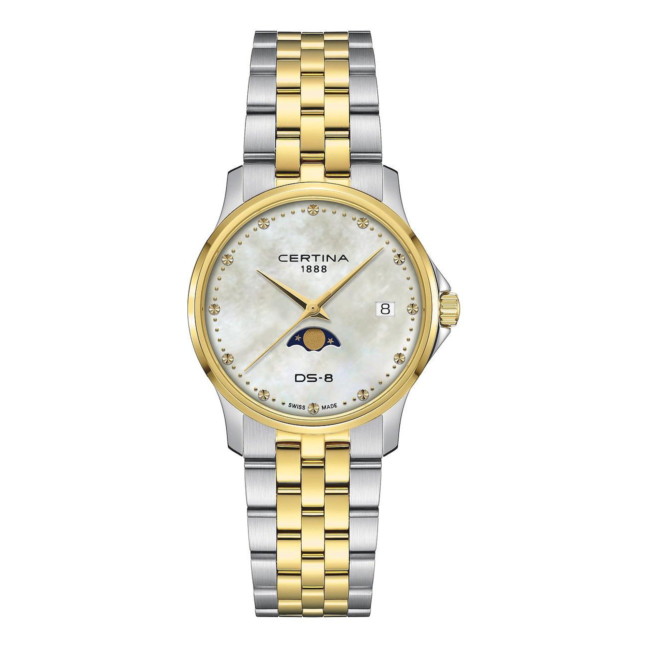 Certina Damenuhr aus bicolor Edelstahl mit Perlmuttzifferblatt, goldfarbenen Zeigern und Mondphasenanzeige.