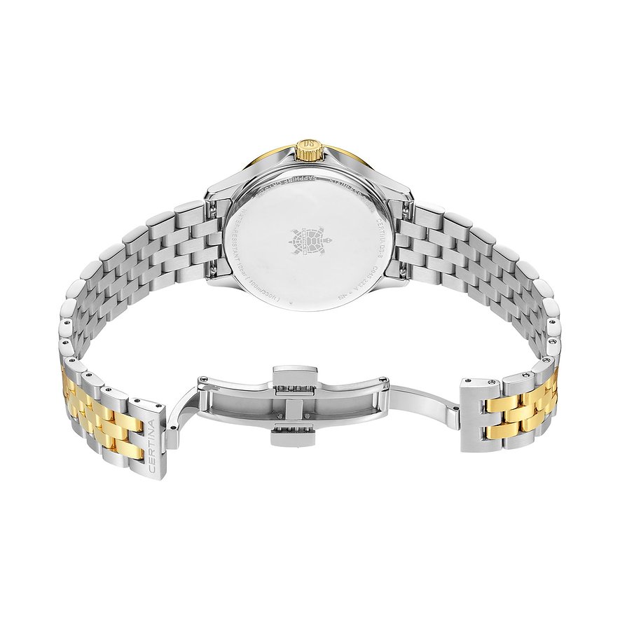 Rückansicht der Certina Damenuhr aus bicolor Edelstahl, die das offene Armband und die Gehäusegravur zeigt.
