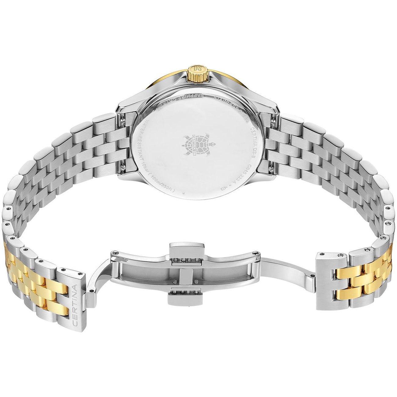 Rückansicht der Certina Damenuhr aus bicolor Edelstahl, die das offene Armband und die Gehäusegravur zeigt.