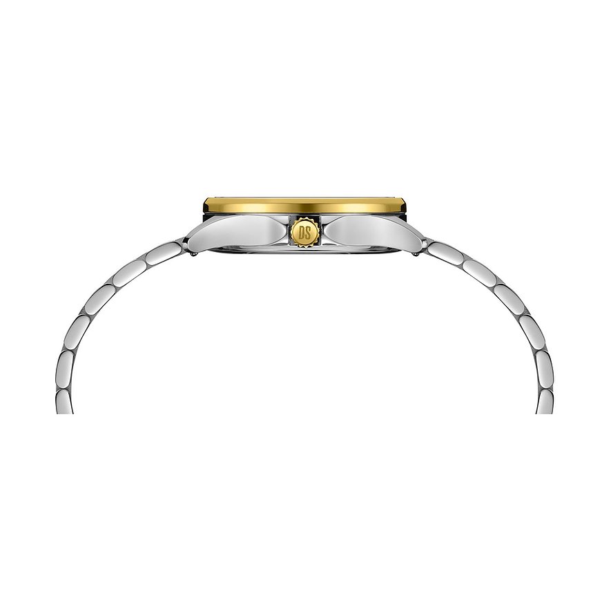 Seitenansicht der Certina Damenuhr aus Edelstahl mit goldenem Rand und Krone mit Gravur.