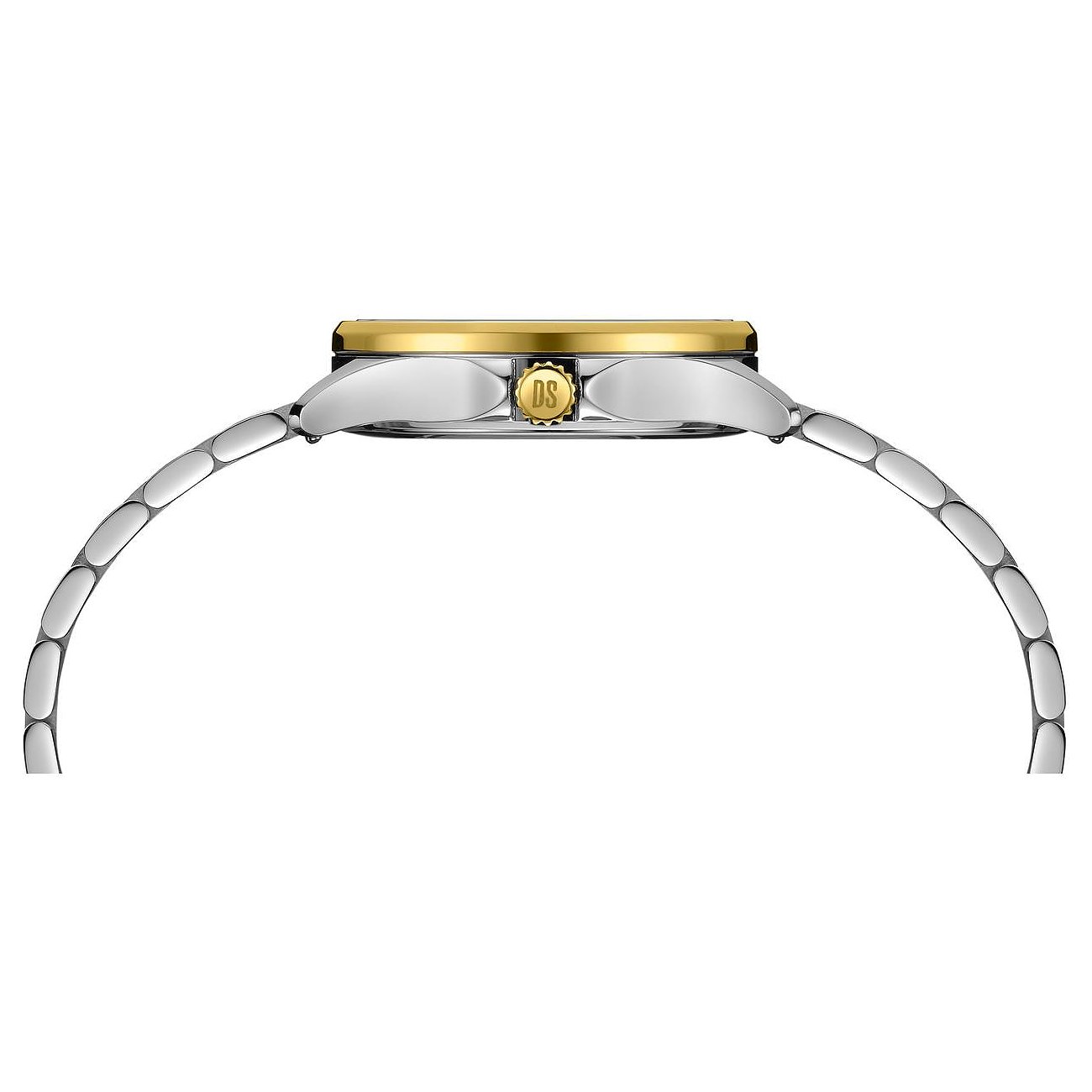Seitenansicht der Certina Damenuhr aus Edelstahl mit goldenem Rand und Krone mit Gravur.