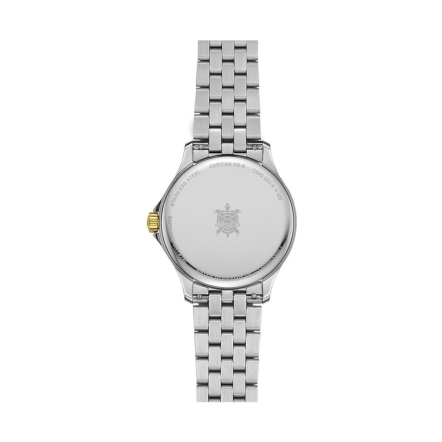 Rückseite einer Certina Damenuhr aus Edelstahl mit eingravierter Schildkröte und goldener Krone.