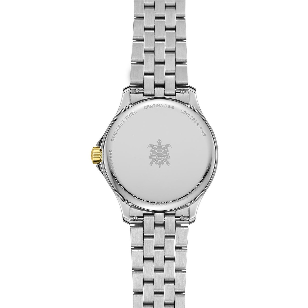 Rückseite einer Certina Damenuhr aus Edelstahl mit eingravierter Schildkröte und goldener Krone.