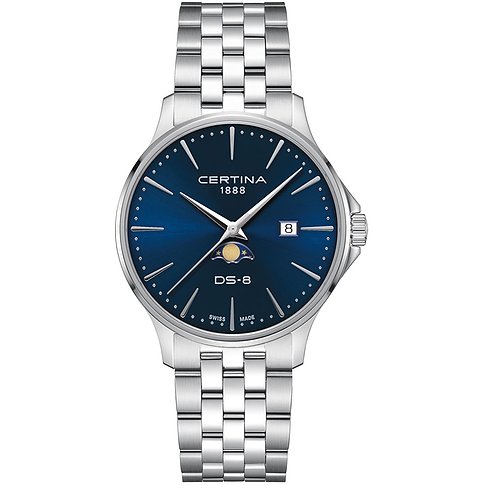Certina Herrenuhr, Modell DS-8, aus Edelstahl mit einem satten blauen Zifferblatt und klassischem Milanaise-Armband.
