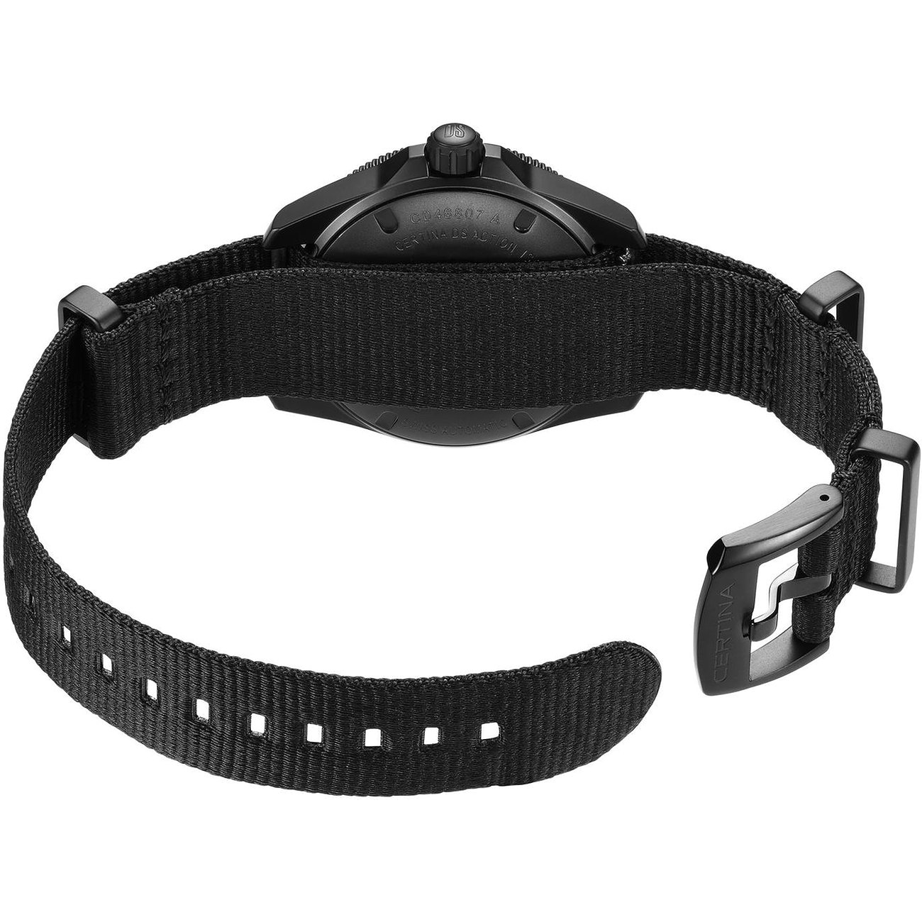 Rückansicht der Certina Unisexuhr aus Edelstahl mit geschwärztem Gehäuse und schwarzem Textilarmband.