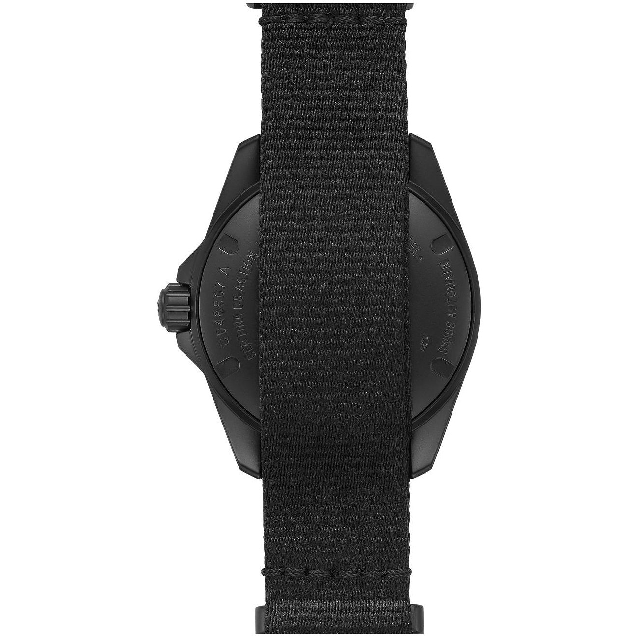 Rückseite einer Certina Unisexuhr aus schwarzem Edelstahl mit schwarzem Textilarmband.