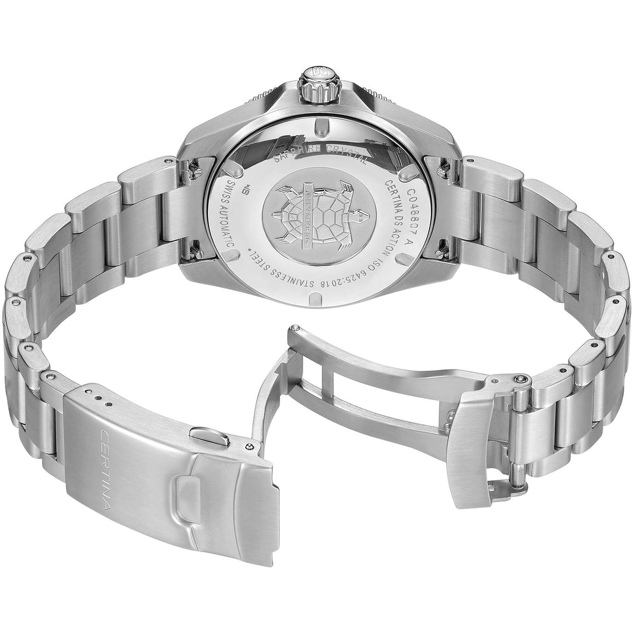 Rückseite einer Certina Unisexuhr aus Edelstahl mit geöffnetem Armbandverschluss und Schildkrötenlogo.