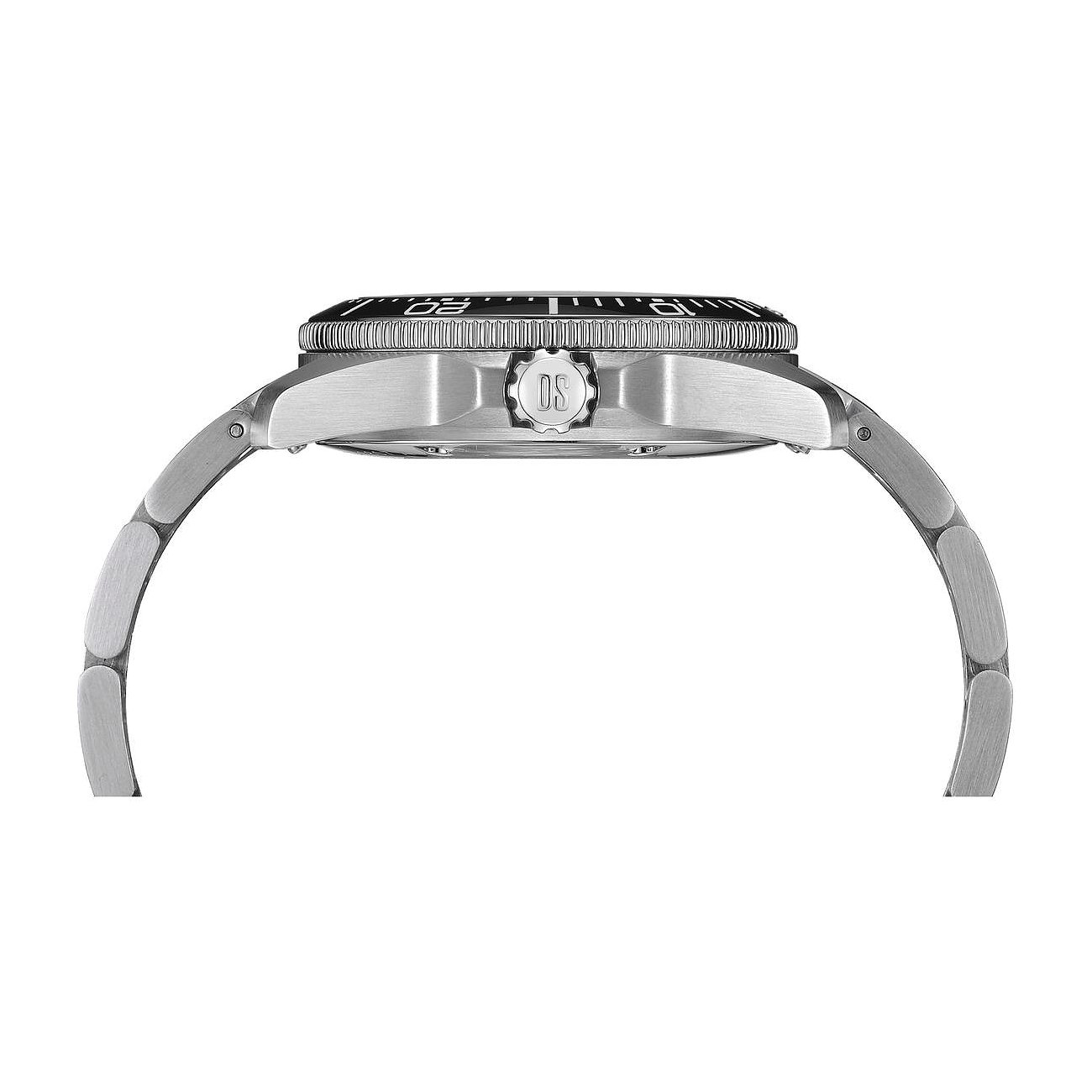 Seitenansicht der Certina Unisexuhr aus Edelstahl mit geschwungenem Armband und gravierter Krone.