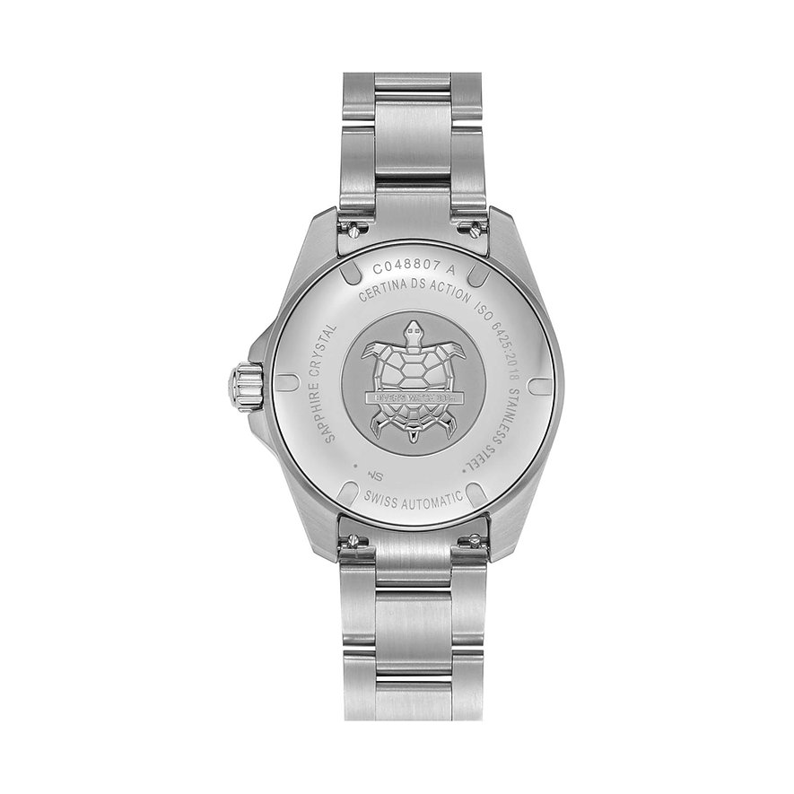 Rückseite einer Certina Unisexuhr aus Edelstahl, mit Certina Logo, Schildkrötenpanzer und Modellinformationen.
