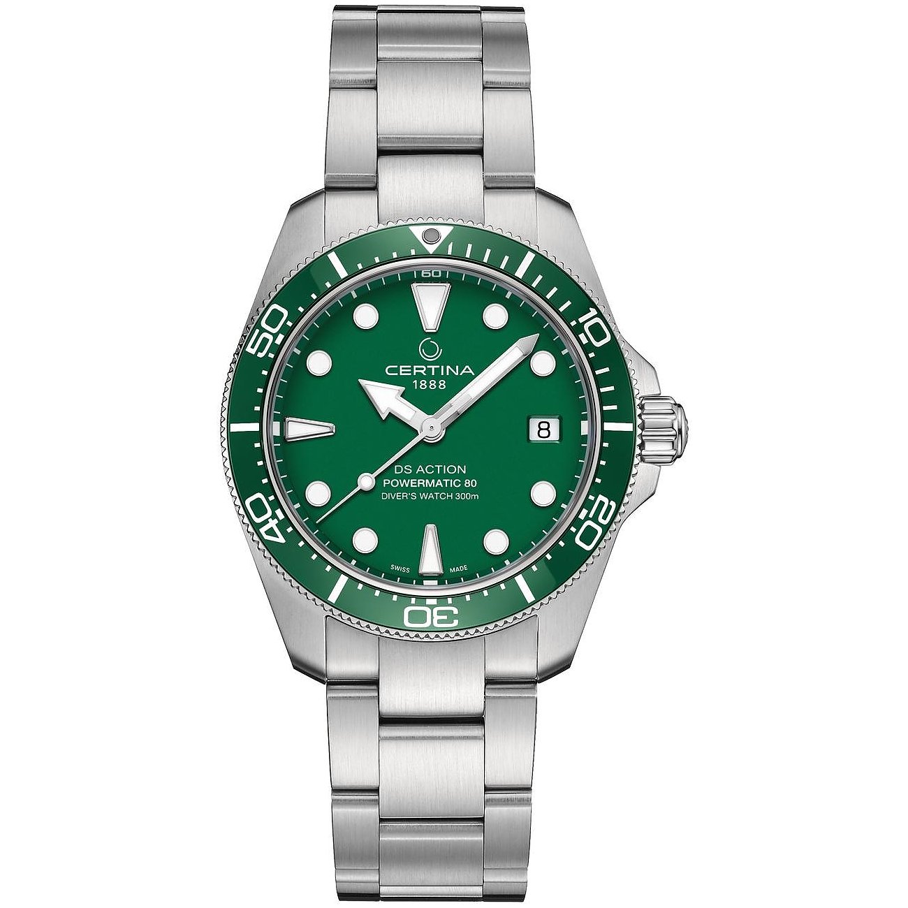Certina Unisexuhr aus Edelstahl mit grünem Zifferblatt und grünem Drehring auf weißem Hintergrund.