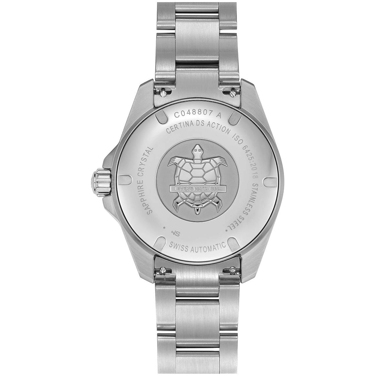 Rückseite einer silbergrauen Certina Unisexuhr aus Edelstahl mit Schildkröten-Gravur und Schriftzug.