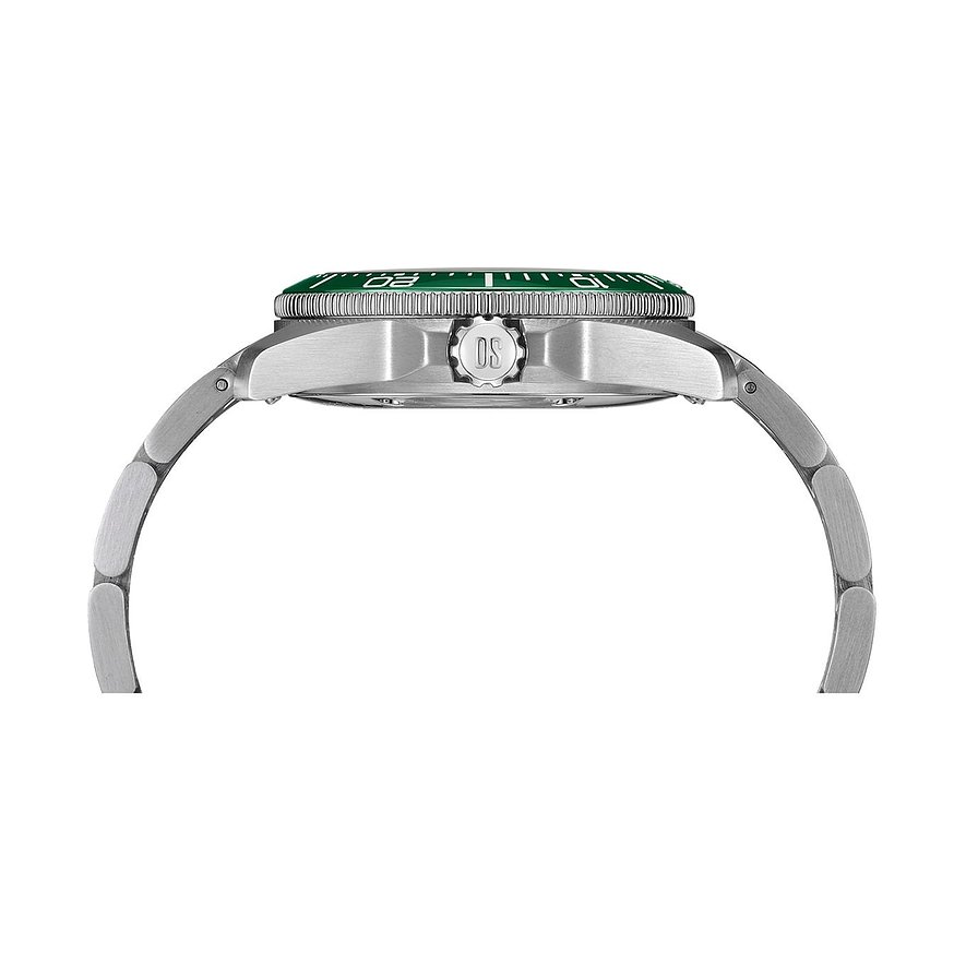 Seitenansicht einer Certina Unisexuhr aus Edelstahl mit grünem Zifferblatt und silbernem Armband.