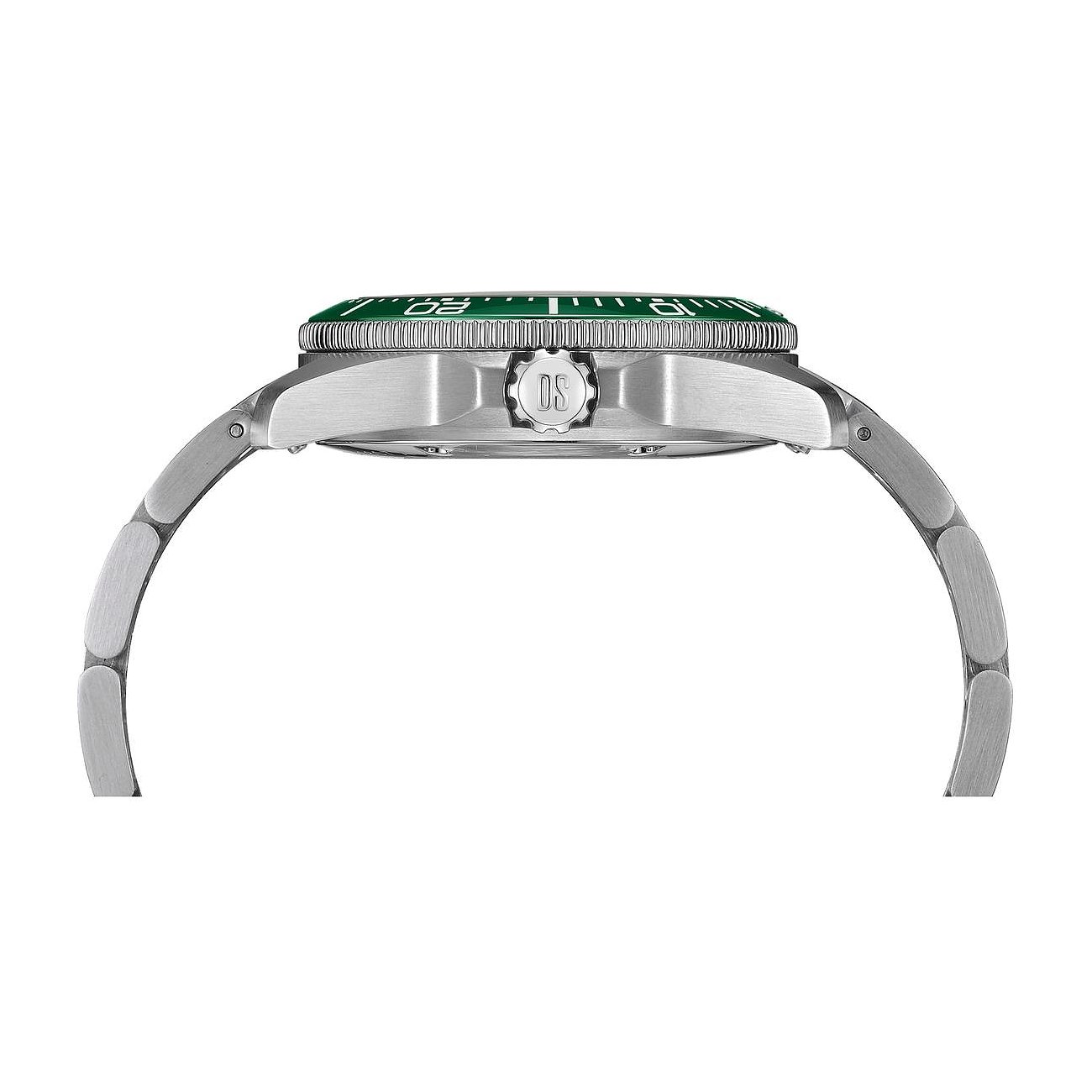 Seitenansicht einer Certina Unisexuhr aus Edelstahl mit grünem Zifferblatt und silbernem Armband.