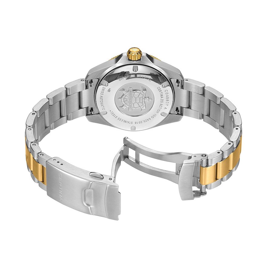 Rückansicht der Certina Unisexuhr aus Edelstahl, mit offener Schließe und Schildkröten-Emblem.