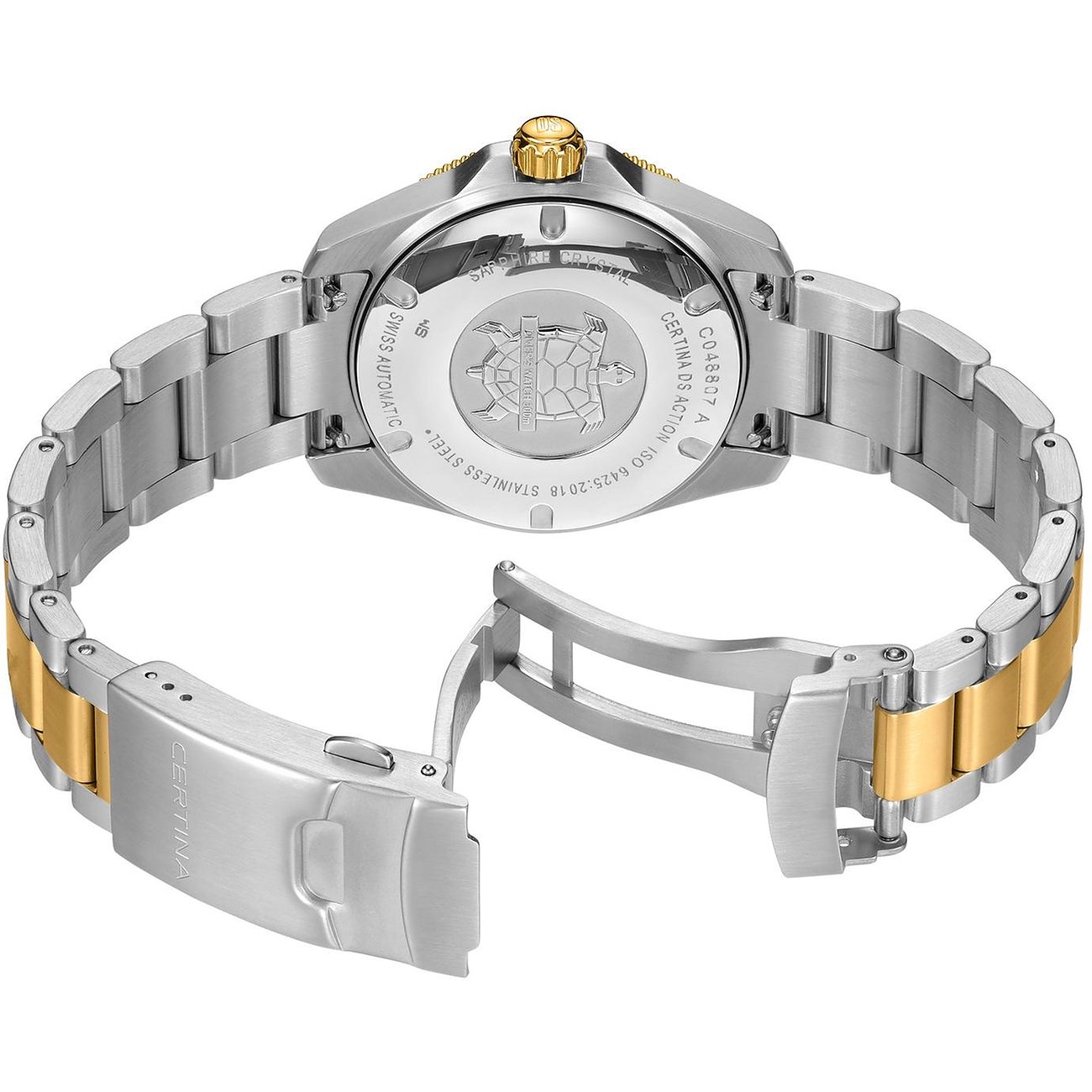 Rückansicht der Certina Unisexuhr aus Edelstahl, mit offener Schließe und Schildkröten-Emblem.