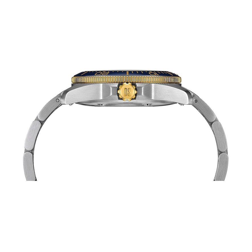 Seitenansicht einer Certina Unisexuhr aus Edelstahl mit goldenen Akzenten und blauem Zifferblatt.