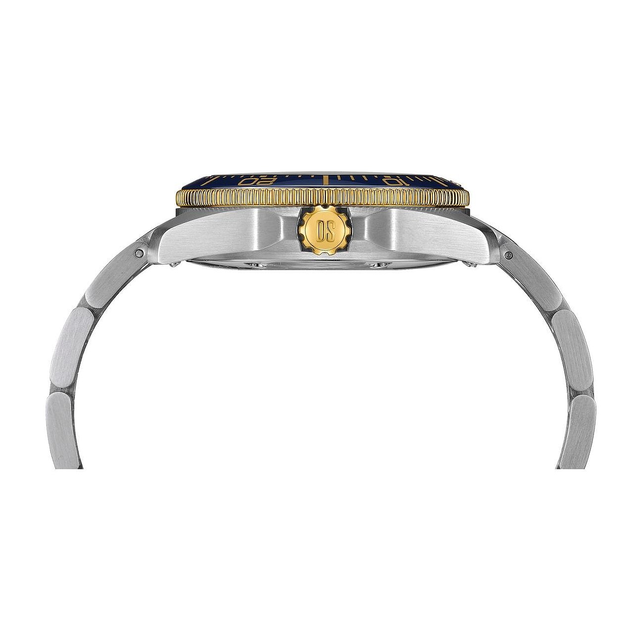 Seitenansicht einer Certina Unisexuhr aus Edelstahl mit goldenen Akzenten und blauem Zifferblatt.