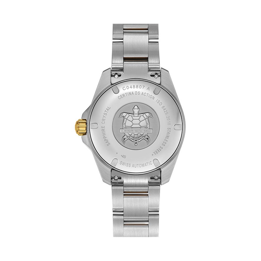 Rückseite einer Certina Unisexuhr aus Edelstahl, mit graviertem Schildkröten-Logo und Beschriftung.