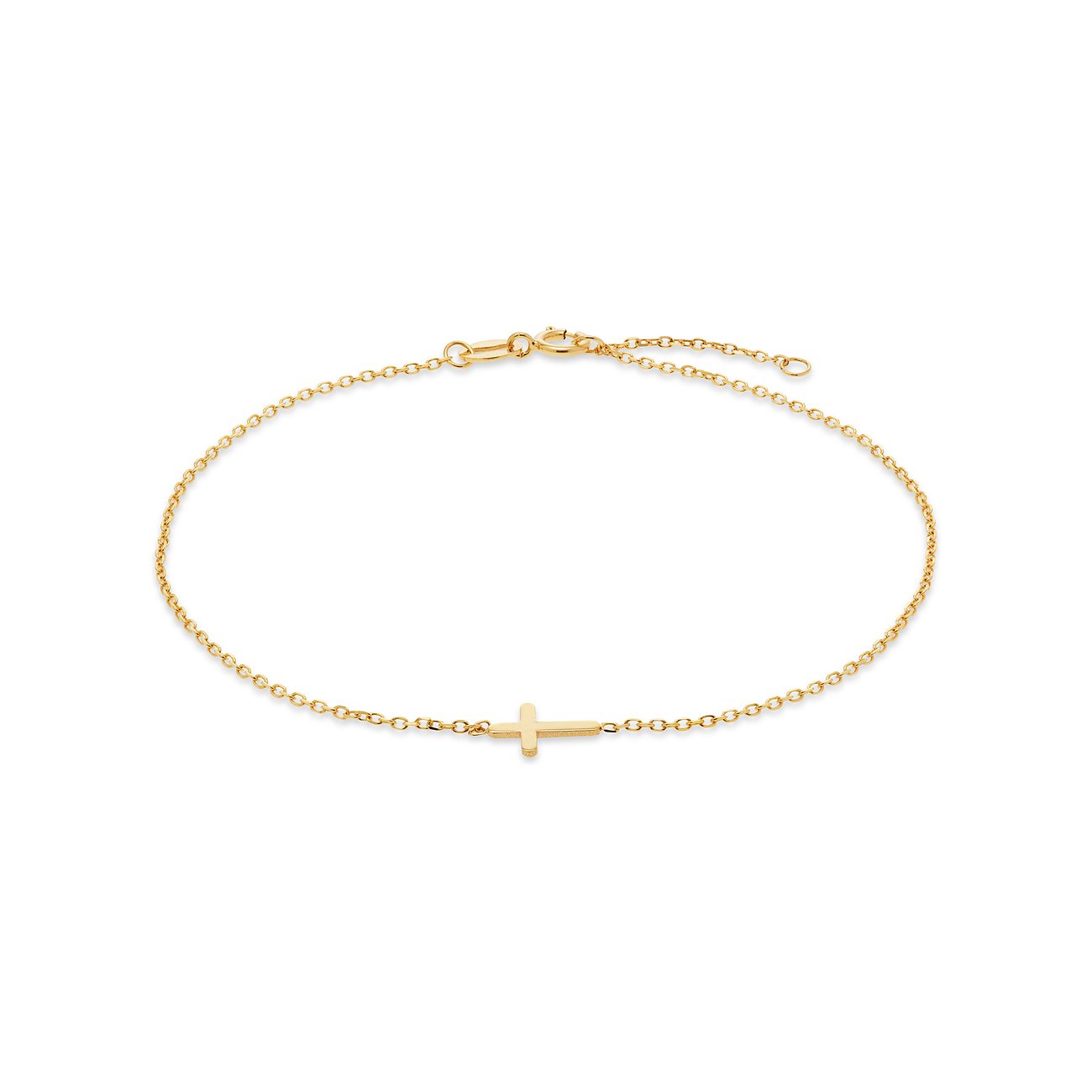 CHRIST Armschmuck aus 585er Gelbgold mit zartem Kreuz-Anhänger, auf weißem Hintergrund, von oben gesehen.