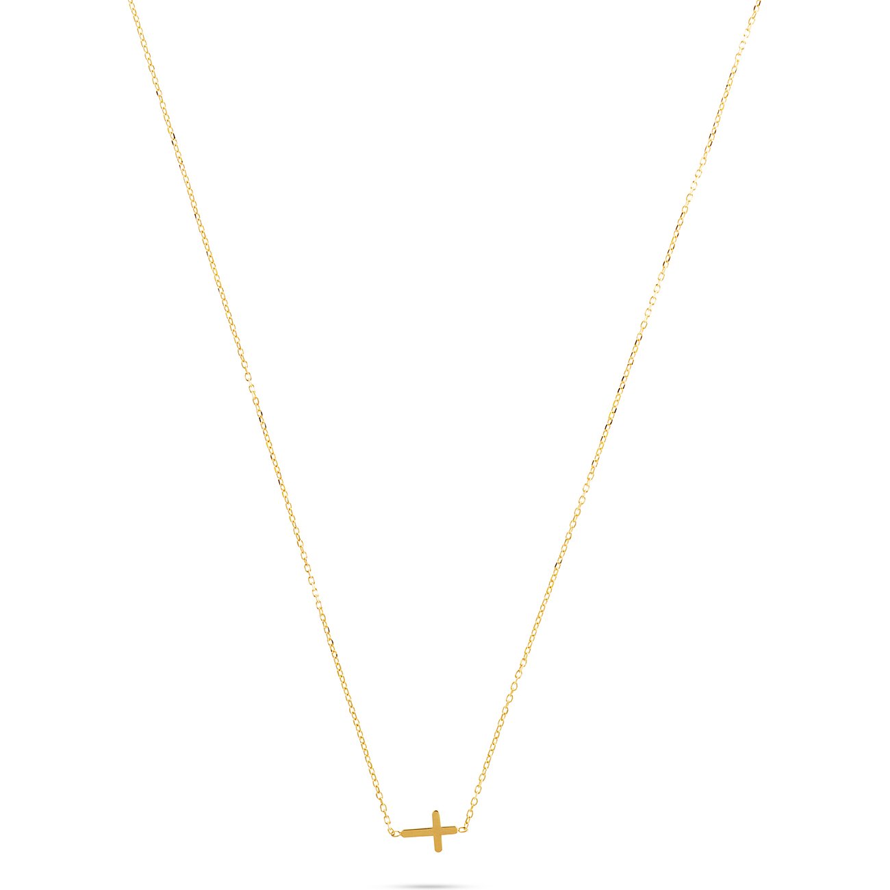 CHRIST halsketting van 585 geelgoud met een kleine dwarsliggende kruishanger, centraal op de ketting.