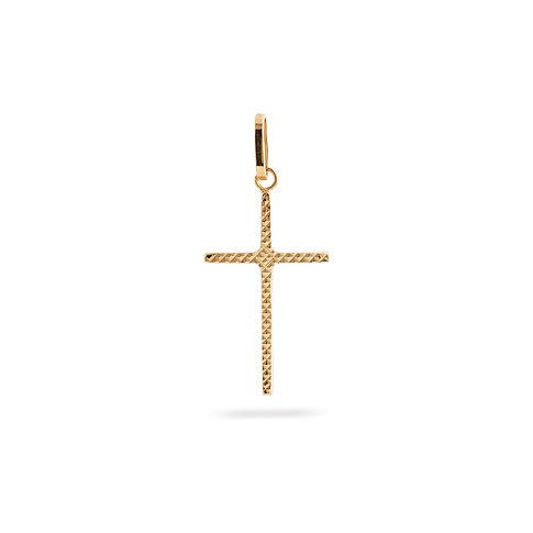 CHRIST Anhänger aus 585 Gelbgold in Kreuzform mit einer strukturierten, schimmernden Oberfläche und Öse.
