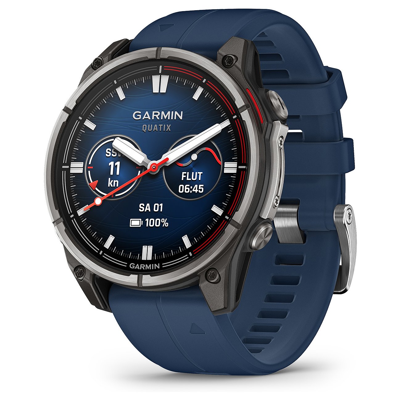 Eine Garmin Smartwatch aus Kunststoff und Metall mit blauem Band und Zifferblatt, schräg von vorne gezeigt.