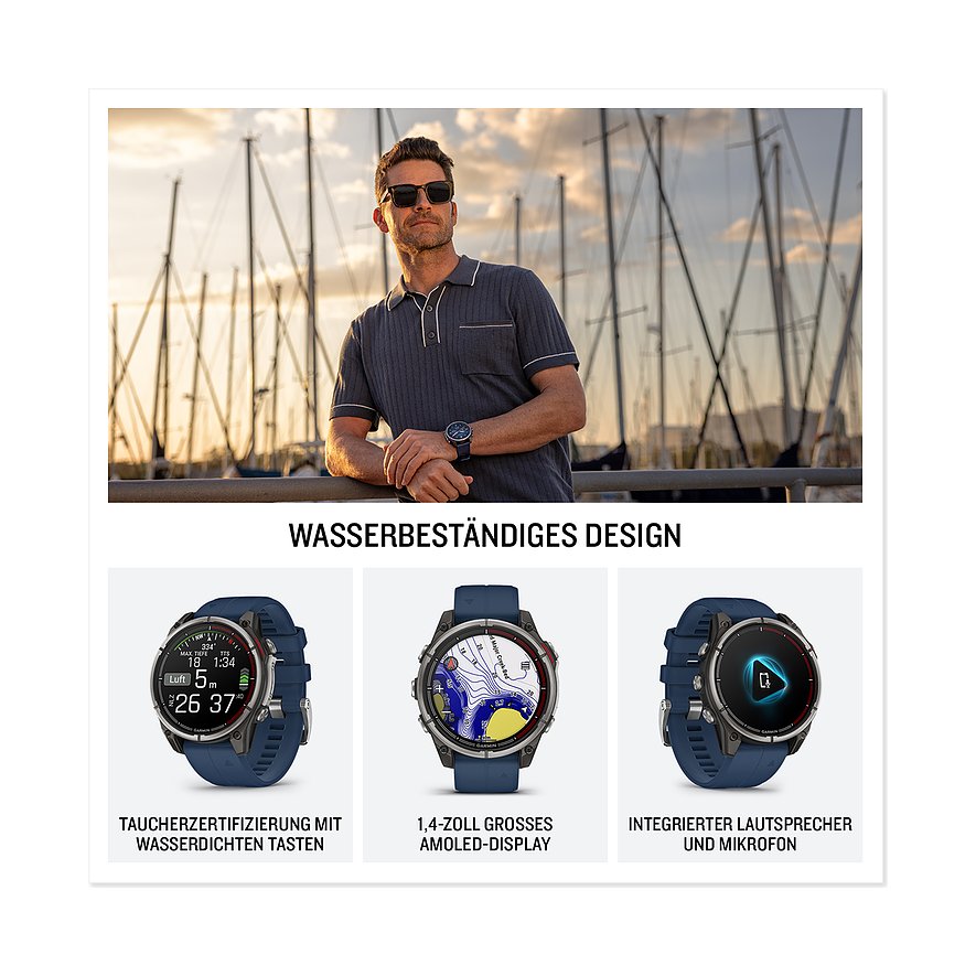 Garmin Smartwatch aus Kunststoff und Metall mit blauem Armband und schwarzen Knöpfen am Arm. Wasserdicht für Taucher.