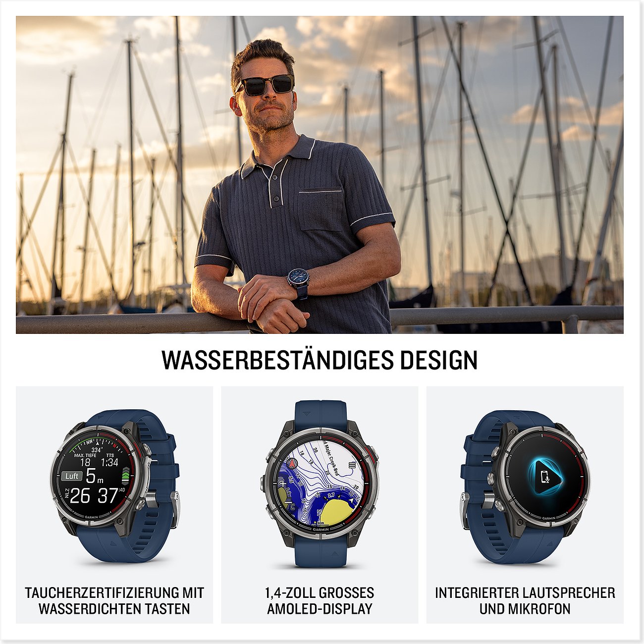 Garmin Smartwatch aus Kunststoff und Metall mit blauem Armband und schwarzen Knöpfen am Arm. Wasserdicht für Taucher.
