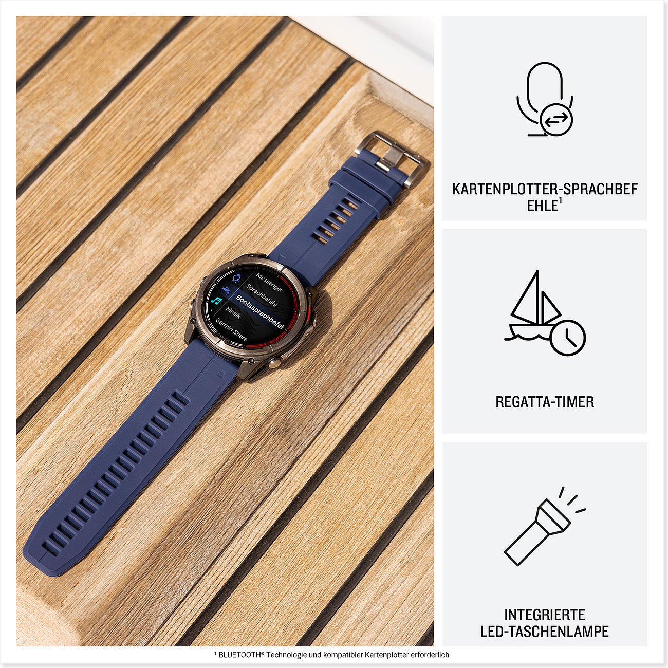Eine Garmin Smartwatch aus Kunststoff und Metall mit blauem Band zeigt Features wie 