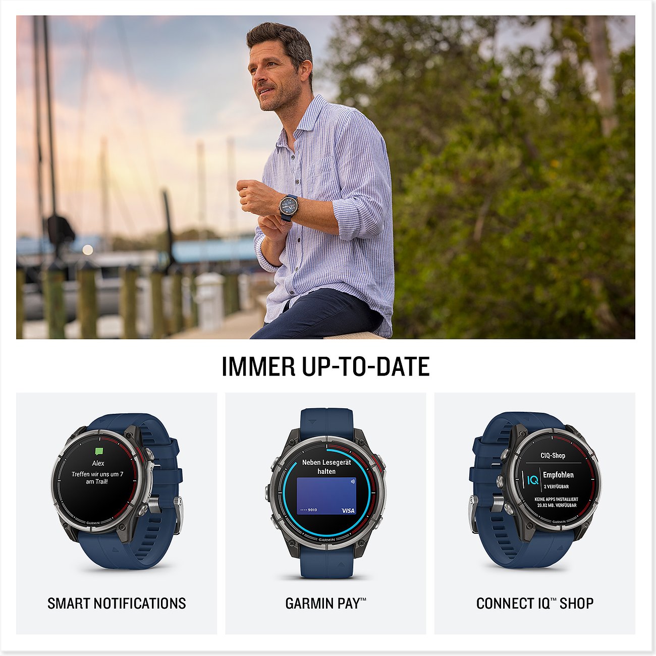 Mann im Freien mit Garmin Smartwatch, passt Hemd an. Vier Detailansichten zeigen Smart Notifications, Garmin Pay, Connect IQ Shop.