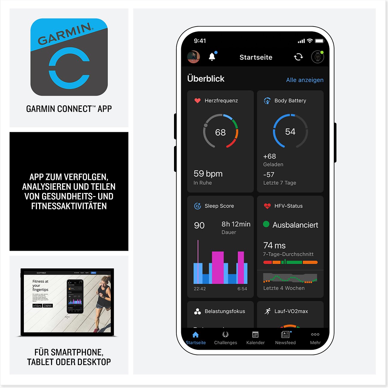 Die Garmin Connect App auf einem Smartphone zeigt Gesundheits- und Fitnessdaten wie Herzfrequenz und Schlaf-Score.