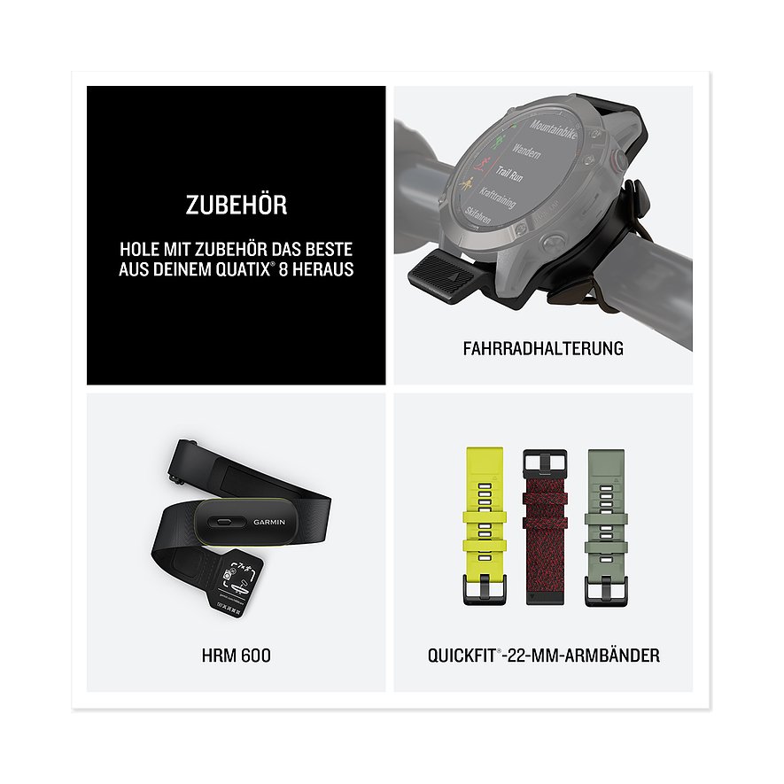 Garmin Smartwatch-Zubehörset: Metall-Fahrradhalterung, schwarzer HRM 600 Brustgurt, QuickFit Kunststoff-Armbänder.