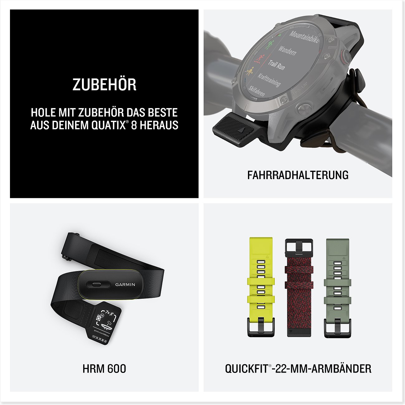 Garmin Smartwatch-Zubehörset: Metall-Fahrradhalterung, schwarzer HRM 600 Brustgurt, QuickFit Kunststoff-Armbänder.