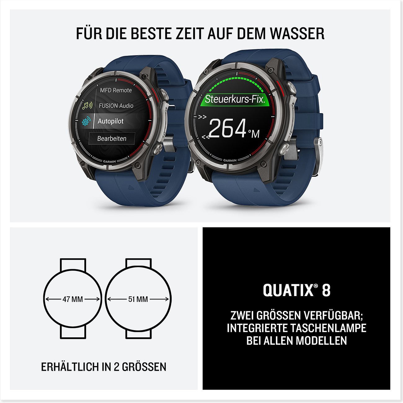 Zwei Garmin Quatix Smartwatches aus Kunststoff und Metall mit blauem Armband und beleuchtetem Display.
