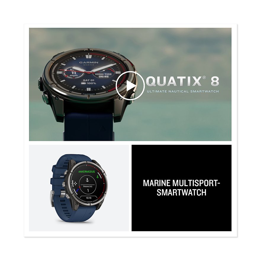 Garmin Quatix 8 Smartwatch aus Kunststoff und Metall in Blau und Schwarz mit verschiedenen Funktionen.
