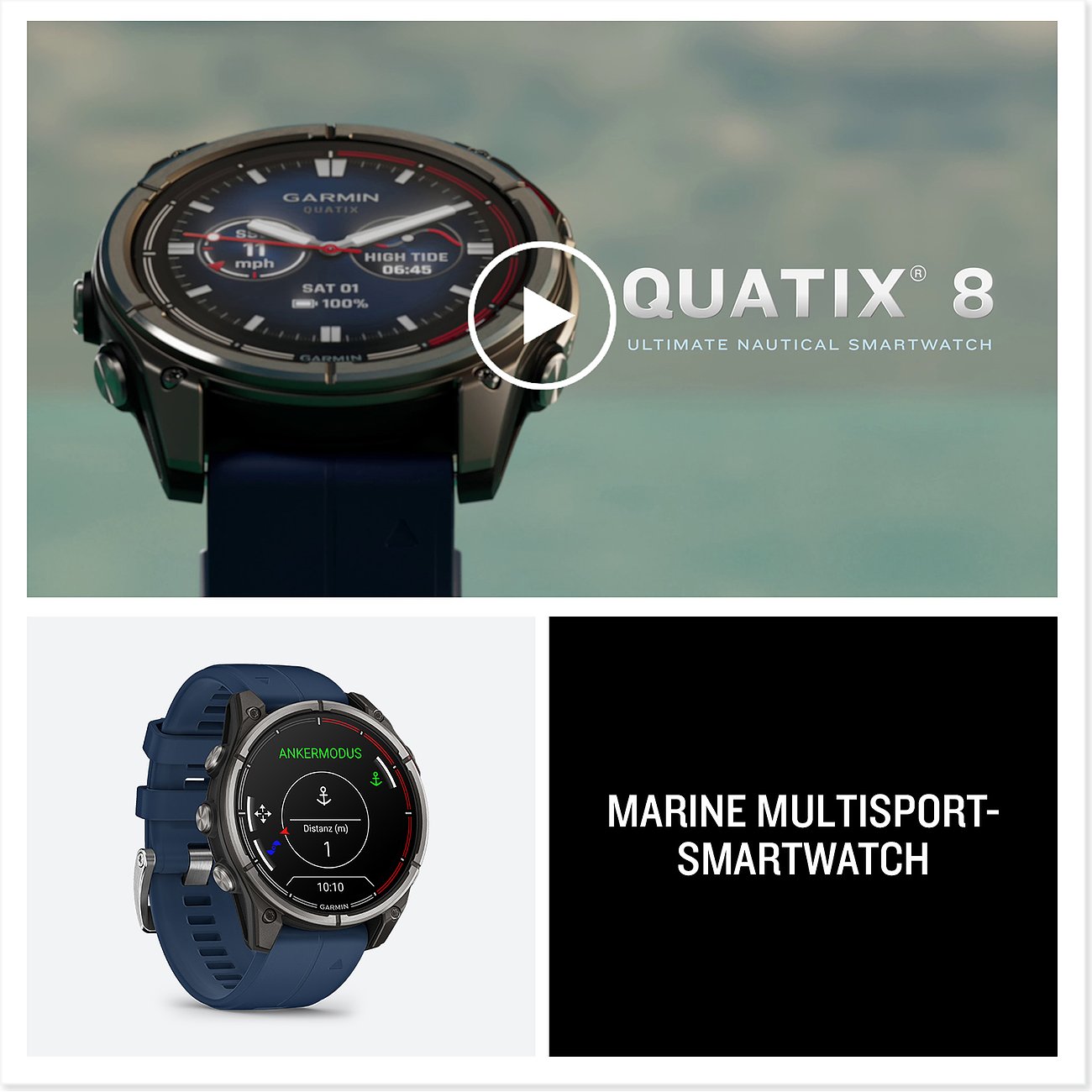 Garmin Quatix 8 Smartwatch aus Kunststoff und Metall in Blau und Schwarz mit verschiedenen Funktionen.