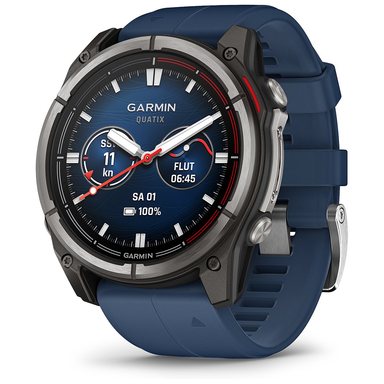 Eine Garmin Quatix Smartwatch aus blauem Kunststoff und Metall mit blauem Zifferblatt und Display.
