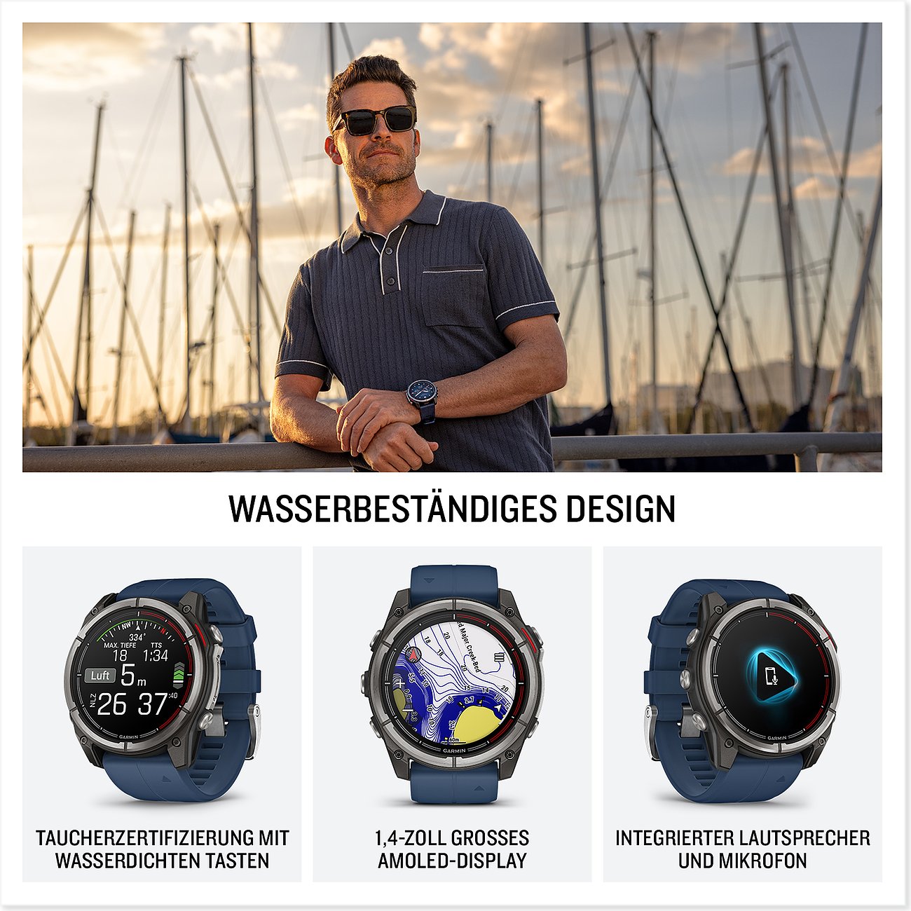 Mann mit Sonnenbrille trägt Garmin Smartwatch vor Hafen. Details: Tauchzertifizierung, 1,4-Zoll AMOLED-Display, Lautsprecher/Mikrofon.