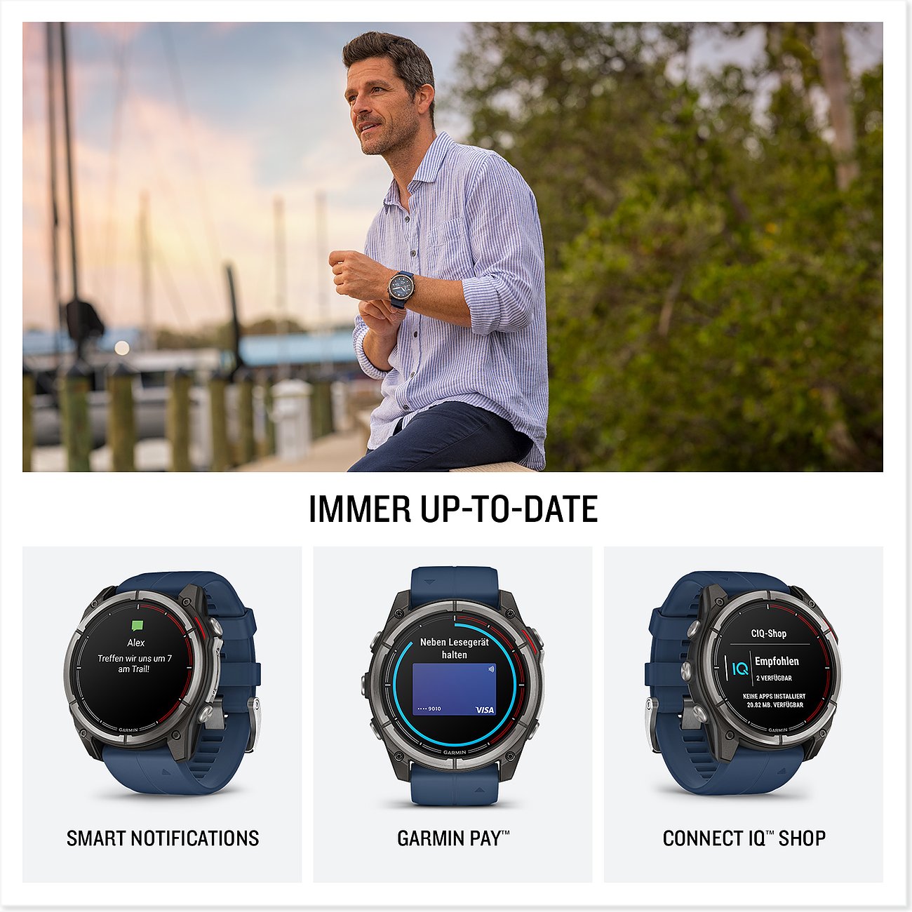 Ein Mann im karierten Hemd trägt eine Smartwatch von Garmin am Handgelenk und blickt über das Wasser.