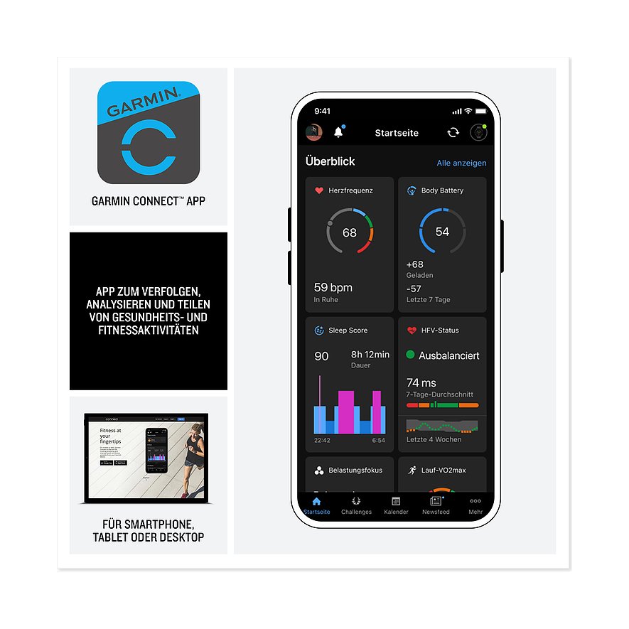 Die Garmin Connect App auf einem Smartphone zeigt Gesundheits- und Fitnessdaten wie Herzfrequenz und Schlaf an.