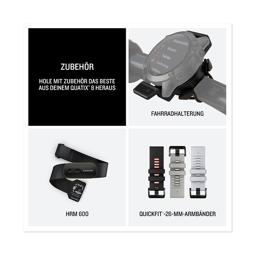 Eine Garmin Smartwatch auf einer Fahrradhalterung, ein Garmin HRM 600 und drei QuickFit-26-mm-Armbänder.