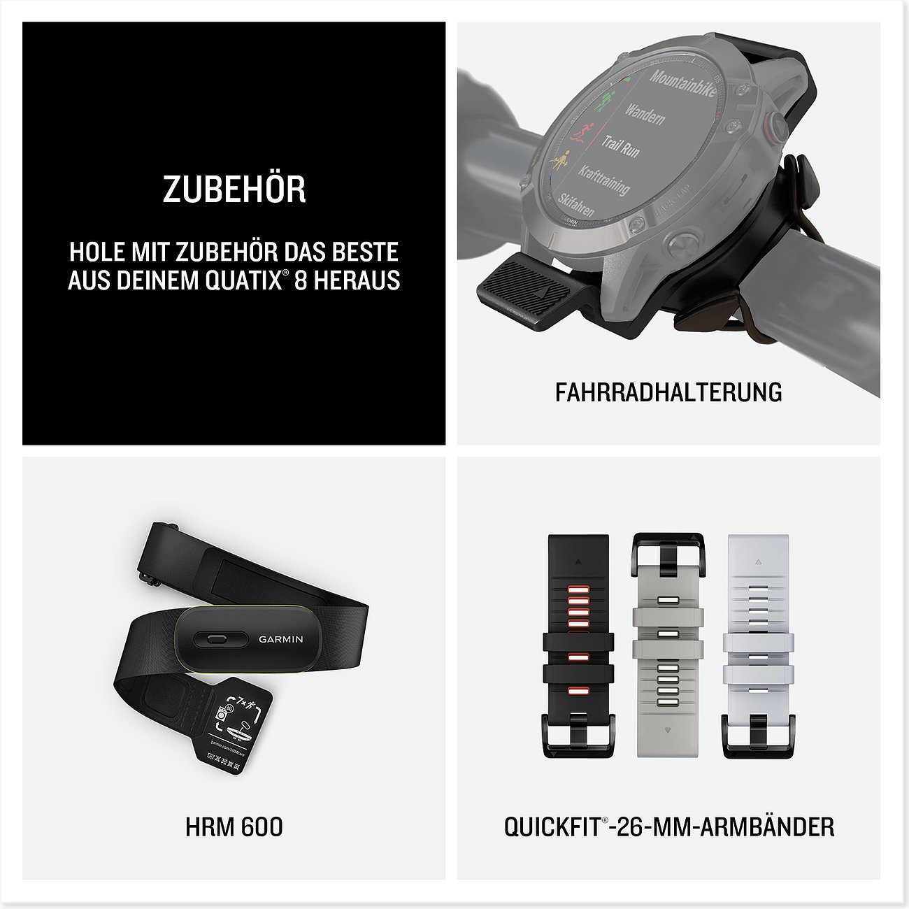 Eine Garmin Smartwatch auf einer Fahrradhalterung, ein Garmin HRM 600 und drei QuickFit-26-mm-Armbänder.